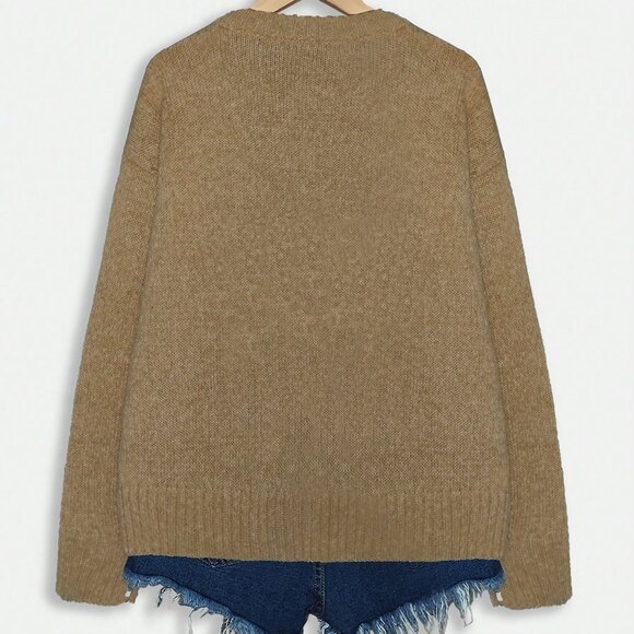 Brown Casual Women's Cow Print Crew Neck Pullover - Picture 2 of 7